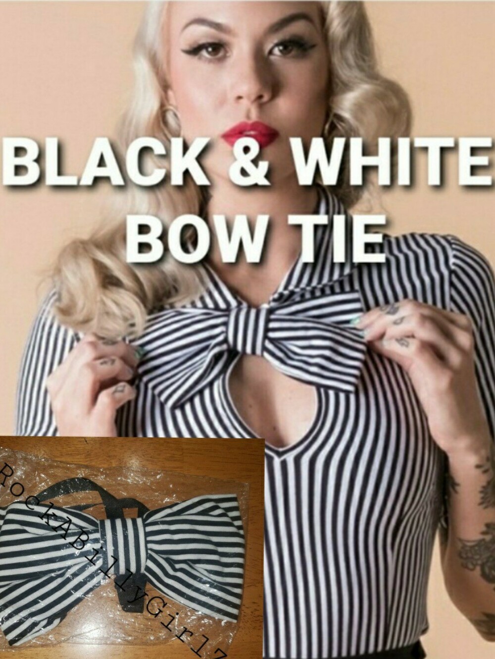 Tatyana Pinup Black White Striped Detachable Neck Tie or Adjustable Hair Big Bow